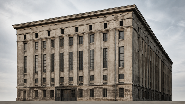 Illustratie van het Berghain-gebouw in Berlijn met de karakteristieke industriƫle gevel